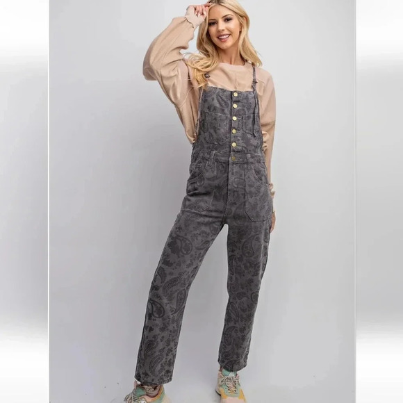 New! Easel Grey Paisley Printed Washed Twill Overalls Jumpsuit - Picture 1 of 6